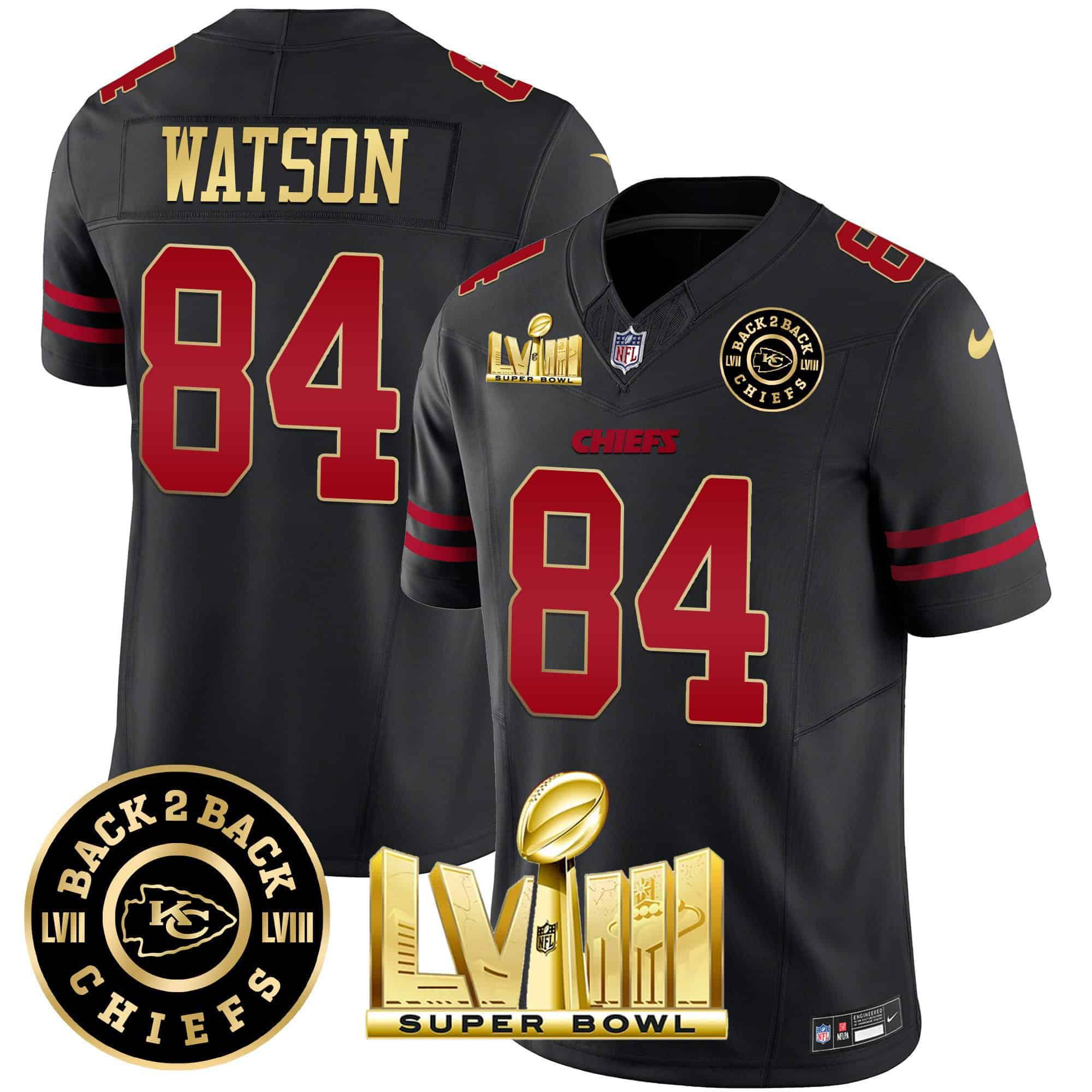 Men Kansas City Chiefs #84 Watson Black 2024 Nike Super Bowl LVIII & Back-2-Back Patch Vapor NFL Jersey style 1